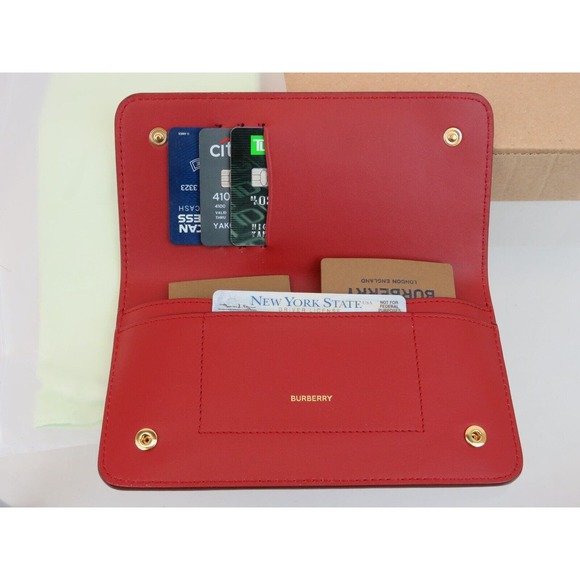 $530 BURBERRY ROWE RED LEATHER LOGO FOLDING BILL SNAP CLUTCH CONTINENTAL WALLET - Picture 5 of 14
